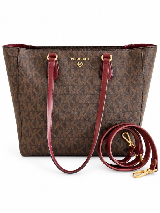 Michael Kors Handbags - Michael Kors Brown Signature MK Logo Tote – Burgundy Leather